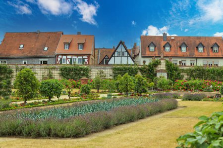 Foto de Plantas medicinales jardín multicolor en el antiguo monasterio, ciudad Seligenstadt. Abadía benedictina. Alemania. Atracción turística popular, destino turístico - Imagen libre de derechos
