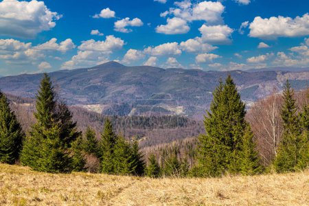 Foto de Landscape with view of mountain peaks from Yavirnyk mountain range.  Carpathians. Ukraine. Tourist landmark, active touris - Imagen libre de derechos