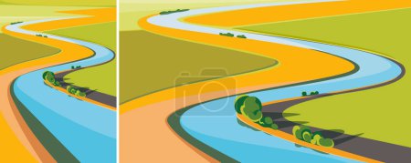 Ilustración de Paisaje con río en día soleado. Paisajes naturales en diferentes formatos. - Imagen libre de derechos