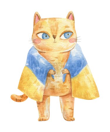 cute Ukrainian cat patriot, warrior rejoices in the victory of Ukraine, children's illustration in watercolor on a white background