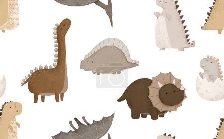 Téléchargez les photos : Seamless pattern with cartoon dino, cute dinosaur - en image libre de droit