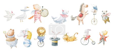 Téléchargez les photos : Cute circus cartoon vector illustration. Watercolor illustrations on a posters and banners for a circus shows, animal, magician, character,  juggling,  and circus motives. Childish illustratio - en image libre de droit