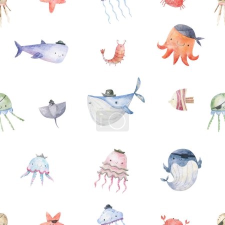 Seamless pattern with sea creatures. Endless underwater life background. Fish, jellyfish, shark, flora, sea shell, corals, starfish. Ocean wallpaper, textile, wall art, fabric print. Summer vacation. Coral reef watercolor illustration.