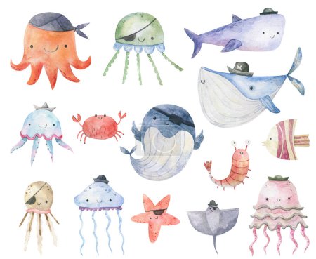 set with underwater fishes, shars, jellyfish. Childish watercolor set, collection with isolated clipart on white background. Kids undersea life, vacation