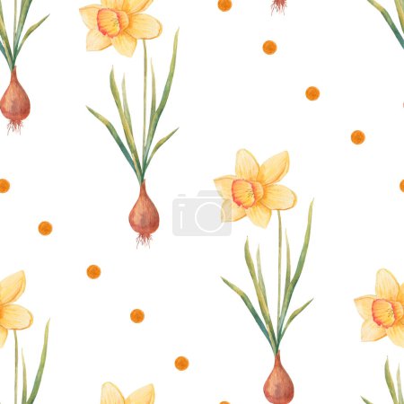Foto de Patrón floral realista botánico acuarela con narciso. Narciso amarillo brillante sobre fondo blanco. Impresión repetida natural y vibrante para textiles, papel pintado. Flores de primavera - Imagen libre de derechos