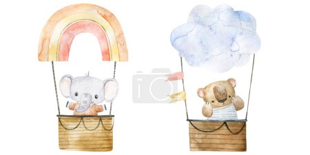 Foto de Hand painted  childish watercolor illustration with funny animals on hot air balloon. transport, adventure - Imagen libre de derechos