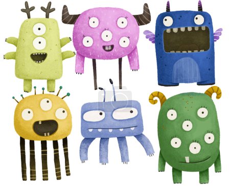 Set von niedlichen Monstern Charakter-Illustration. Kindliche handgemalte Illustration, Design, Druck, Aufkleber, Kinderzimmer, Dekoration