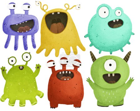 Set von niedlichen Monstern Charakter-Illustration. Kindliche handgemalte Illustration, Design, Druck, Aufkleber, Kinderzimmer, Dekoration
