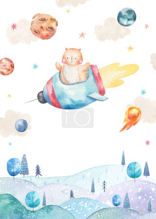 cute fairytale poster with a cat in a rocket in the clouds and stars over the mountains, children's watercolor illustration, print, design