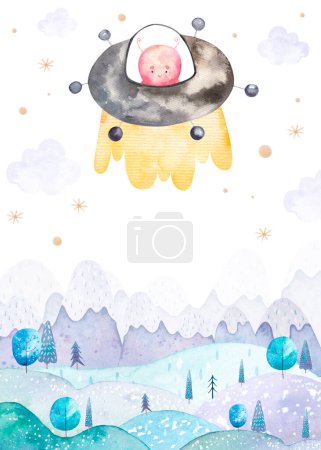 cute fairytale poster with space alien flying over the mountains, childrens watercolor illustration, print, design