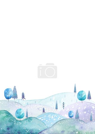 landscape with hills and trees, cute watercolor children's illustration
