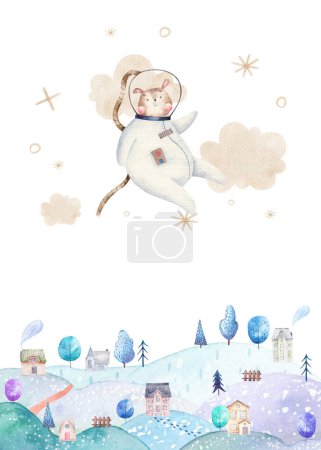 cute fairy tale poster with astronaut dog over mountains, childrens watercolor illustration, print, design