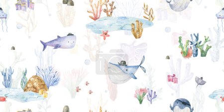 Patrón sin costuras con tiburón, peces y medusas. Lindo estampado de bebé. Diseño para textiles, decoración y papel. Patrón sin costura de acuarela con mundo submarino, peces, ballenas, tiburones, delfines, estrellas de mar, medusas, algas, conchas marinas