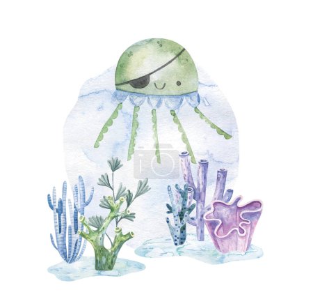 Foto de Diseño lindo infantil con vida submarina. Vida submarina. Diseño de bebé, pegatina, impresión - Imagen libre de derechos