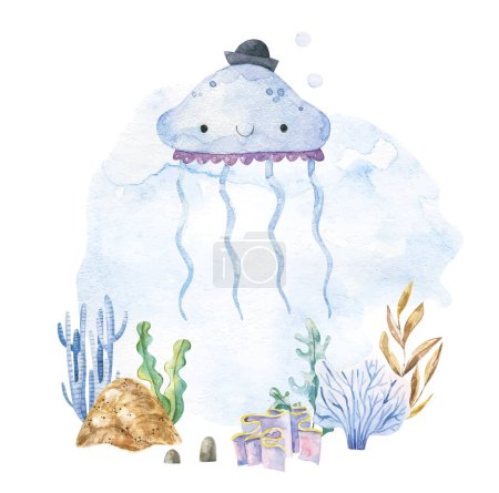 kindisch niedliches Design mit Unterwasserleben. Unterwasserwelt im Ozean. Babydesign, Aufkleber, Druck