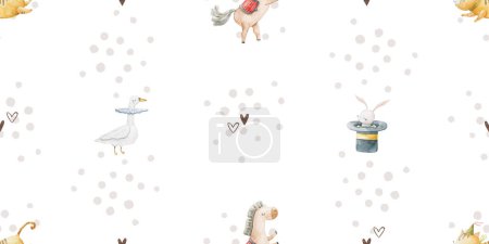 Téléchargez les photos : Seamless, endless pattern with circus. Funny characters, trained animals on transport, jumping show, perfomance. Children's illustration, textile design, print on white background - en image libre de droit