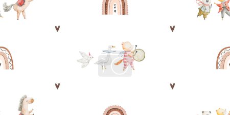 Foto de Seamless, endless pattern with circus. Funny characters, trained animals on transport, jumping show, perfomance. Children's illustration, textile design, print on white background - Imagen libre de derechos
