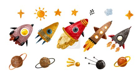 Foto de Ilustración espacial en estilo infantil. Conjunto de elementos del cosmos como cohetes, estrellas, asteroides, ovni, cometas, luna, osteroides, planetas estilizados establecidos. Conjunto cósmico - Imagen libre de derechos