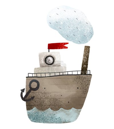 Foto de Clip art con barcas infantiles pintadas a mano, barcos, transporte acuático. Linda ilustración sobre fondo blanco, arte para niños. Océano viajando - Imagen libre de derechos
