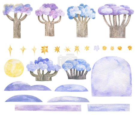 Foto de Acuarela con árboles y arbustos nevados, colinas azules, sol y nubes doradas. Lindo clipart de acuarela infantil para crear paisajes, arte pintado, postales - Imagen libre de derechos