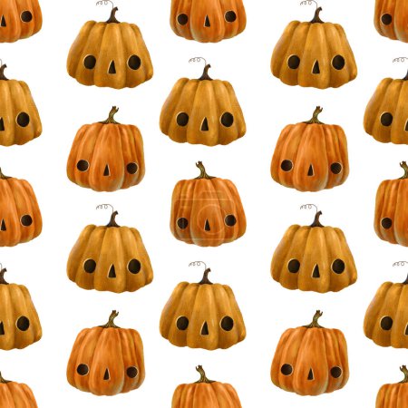 Foto de Patrón de Halloween sin costuras con calabaza naranja divertida con la cara. Lindo diseño loopable, arte vegetal aislado - Imagen libre de derechos