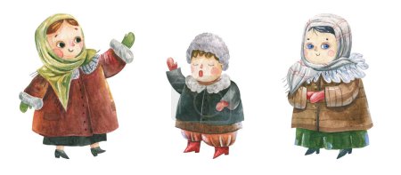 Christmas celebrating. Ukrainian Vertep, girls and boys, traditional Christmas stars festival. Watercolor Orthodox Christmas. Ukrainian vertep. Isolated elements, clipart