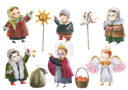 Celebrando la Navidad. Vertep ucraniano, estrellas, manzanas y el festival tradicional de estrellas de Navidad. Acuarela Navidad Ortodoxa. Vértebra ucraniana. Elementos aislados, clipart