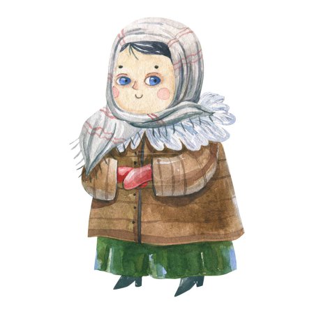 Téléchargez les photos : Fille ukrainienne en hiver vêtements traditionnels. Fête de Noël. Folklore. L'usure nationale. Illustration isolée, aquarelle - en image libre de droit