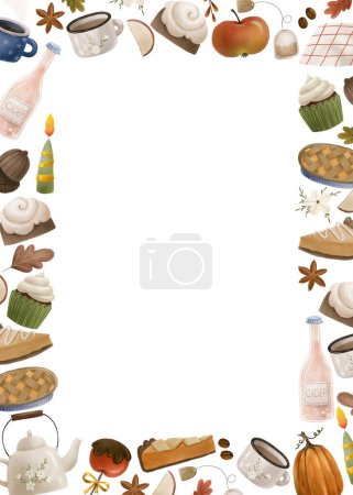 Foto de Marco vertical de acción de gracias con panadería, té, tetera, pastel, sidra de manzana, hojas, bellotas y pastel, postres. Diseño aislado, ilustración pintada a mano - Imagen libre de derechos