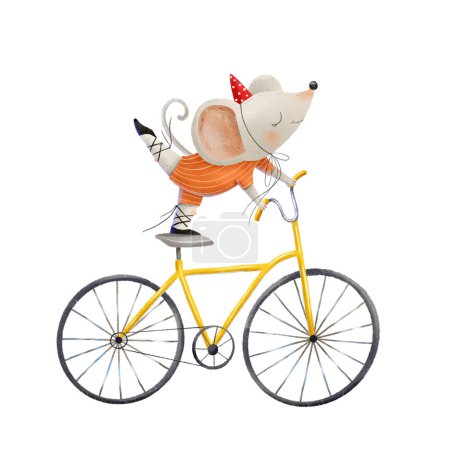 Foto de Un ratoncito con un sombrero de payaso y un mono brillante monta una bicicleta amarilla en una pierna. Lindo circo fantástico ilustración. Espectáculo de circo infantil - Imagen libre de derechos