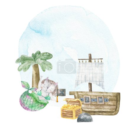 Foto de Vida submarina con sirenas, palma, barco de madera, tesoro de oro. Oceanía, aguas profundas. Tarjeta de acuarela infantil - Imagen libre de derechos