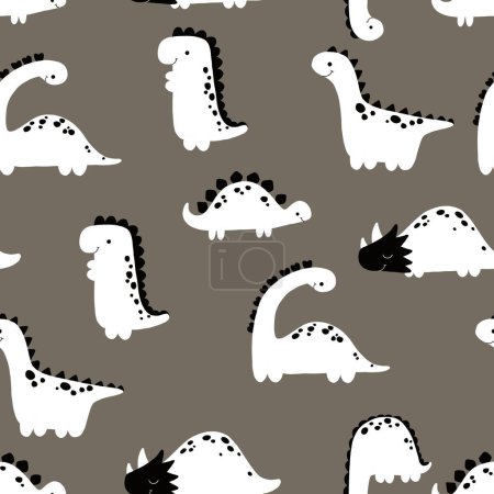 Foto de Patrón simple en blanco y negro con dinosaurios planos. Diseño interminable Dino. Dinosaurios divertidos sobre fondo gris oscuro. Perfecto para textiles, arte de la pared, impresión, dormitorio, ropa - Imagen libre de derechos