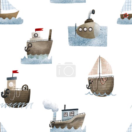 Foto de Transporte de agua flotando en olas azules. Diferentes barcos, velas, barcos y submarinos. Patrón inconsútil aislado pintado a mano, diseño aislado - Imagen libre de derechos
