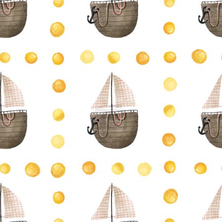 Childish seamless pattern with wooden yacht and golden drops. Hand painted isolated background