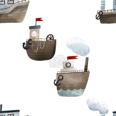 Foto de Patrón inconsútil infantil colorido con barcos y barcos. Olas azules del océano. Estilo escandinavo. Lindo patrón de bebé marino - Imagen libre de derechos