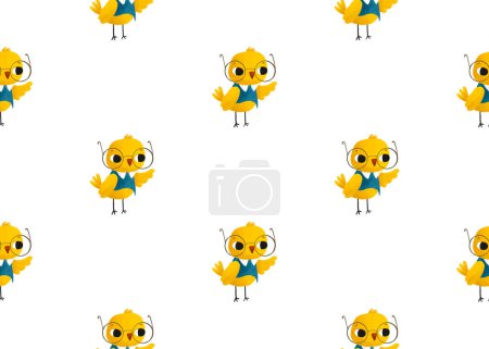 Foto de Un pequeño pollo amarillo con gafas agita su mano. Patrón sin costura de la escuela para niños - Imagen libre de derechos