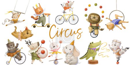 Collection with forest wild animals in circus. Circus performers. Theater performance childish coot illustration isolated background