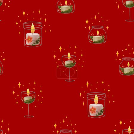 Foto de Fondo sin costuras de Navidad con velas encendidas. Velas en tarros de cristal de garabato y copas de vino. Acogedor patrón sin costuras con cera y velas de soja en rojo - Imagen libre de derechos