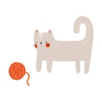 Flat illustration of a light brown cat playing with a red ball of thread. Cute children's illustration on an isolated backgroun