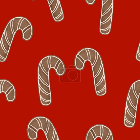 Foto de Patrón de Navidad sin costuras de jengibre bastón de caramelo sobre fondo rojo. Fondo de Navidad. Patrón de invierno - Imagen libre de derechos