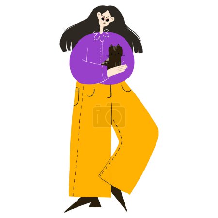 Photo for A young girl with long black hair is holding a cat. Flat minimalistic illustration. hand-drawn picture - Royalty Free Image