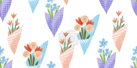 Foto de Patrón de primavera sin costuras con ramos de flores. Ilustración plana simple. Diseño para moda, tela, textil, papel pintado, envoltura e impresión - Imagen libre de derechos
