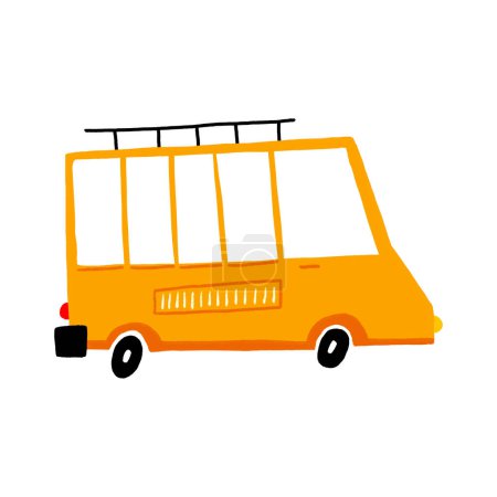 Téléchargez les photos : Mini van jaune pour les activités de camping ou de voyage. Concept Aventure estivale et tourisme. Illustration plate dessinée à la main sur fond isolé - en image libre de droit