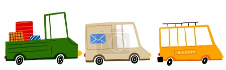 Foto de Conjunto por camión. Una mini furgoneta para viajes de vacaciones, un vehículo de reparto postal y un camión. Lindo bebé ilustración sobre fondo aislado. Niños clipar - Imagen libre de derechos