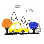 Posters with simple childish, cartoon passenger yellow car. Hand drawn flat car and nature landscape with forest trees, mountains, clouds. Doodle illustration on isolated background. For nursery posters, cards, boys bedroom decor