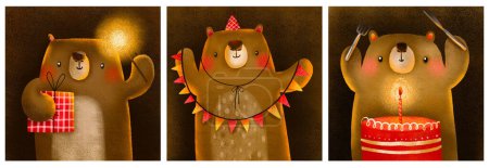 Foto de Conjunto de tarjetas de cumpleaños navideñas. Postales con lindo oso de dibujos animados. El oso del bosque celebra su cumpleaños. Ilustración infantil dibujada a mano - Imagen libre de derechos
