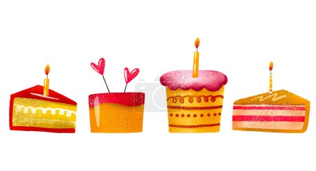 Foto de Set de pasteles de cumpleaños y día de San Valentín con velas. Dulce salsa y postres. Listo para el cumpleaños de los niños. Ilustración dibujada a mano para niños sobre fondos aislados - Imagen libre de derechos