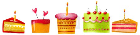 Foto de Set con coloridos pasteles de cumpleaños. Pasteles con velas y decoraciones. Postres dulces con crema y galletas. Bebé lindo conjunto sobre fondo aislado. Desser de vacaciones - Imagen libre de derechos