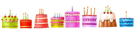 Foto de Set con coloridos pasteles de cumpleaños. Pasteles con velas. Postres dulces con crema y galletas. Bebé lindo conjunto sobre fondo aislado - Imagen libre de derechos