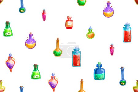 Photo for Seamless pattern with glass flasks and elixirs. Magic potions: tubes and bottles. Hand drawn pattern. Science lab sketch background, Magical elements. Alchemy and  science. - Royalty Free Image